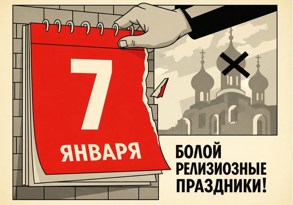 1931 Soviet broadsheet showing a worker tearing away the January 7 calendar page stamped