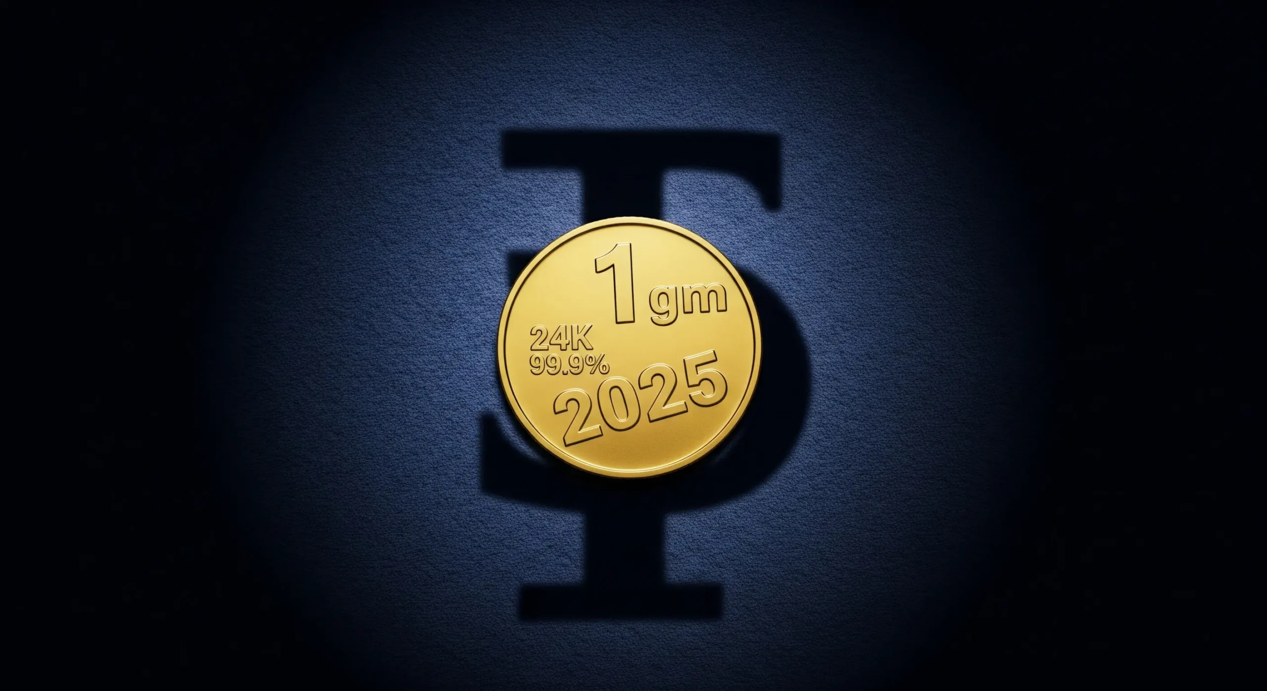 1 gram 24K gold coin on navy velvet with ₹ symbol and 2025 stamp – best gold coin to buy online India 2025