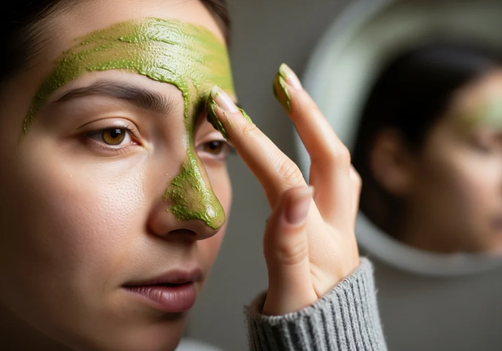 applying neem multani mitti winter face pack on oily skin