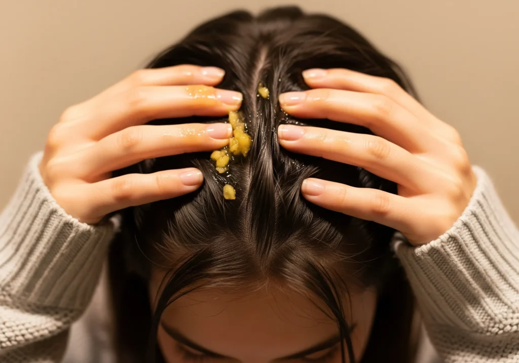 applying onion ginger scalp tonic for winter hair fall
