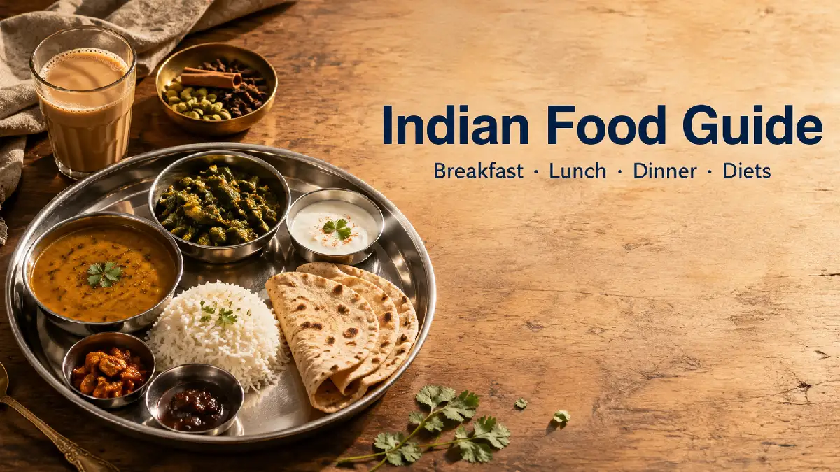 Indian thali with dal, sabzi, roti, rice and masala chai on a wooden table